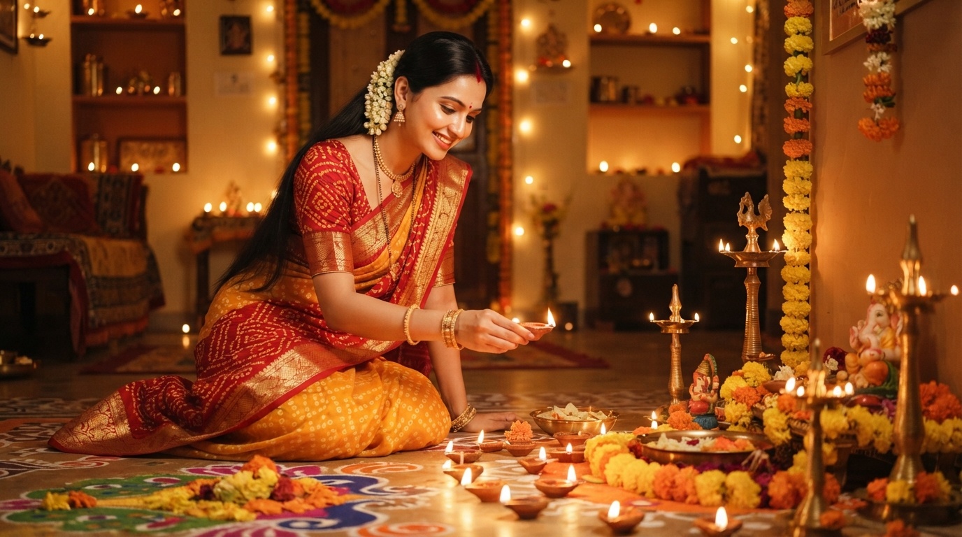 Gujarati woman lighting diya during Diwali festival in Navsari