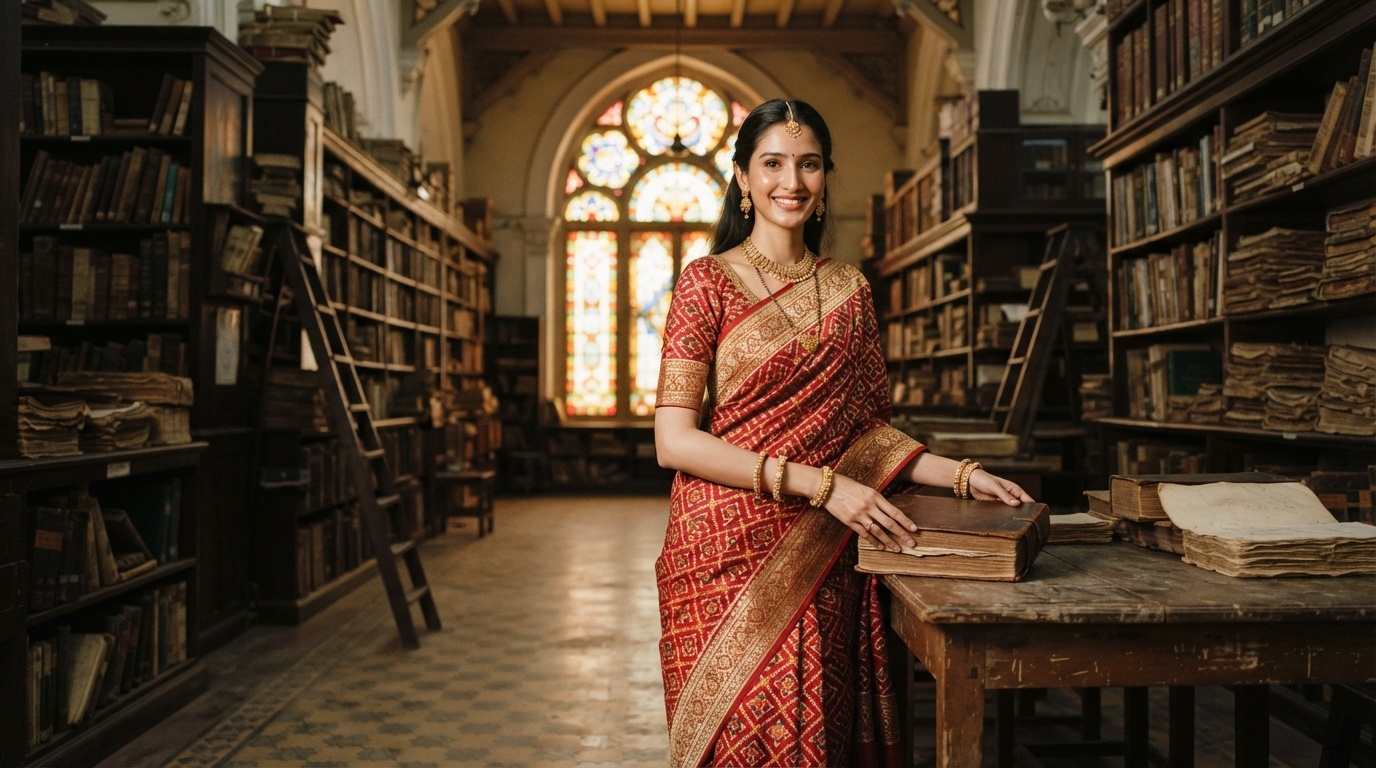 Gujarati woman exploring Parsi Library manuscripts in Navsari