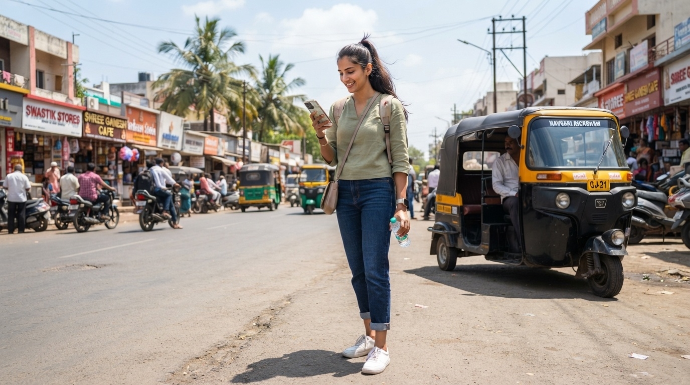 Gujarati woman navigating with smartphone map in Navsari