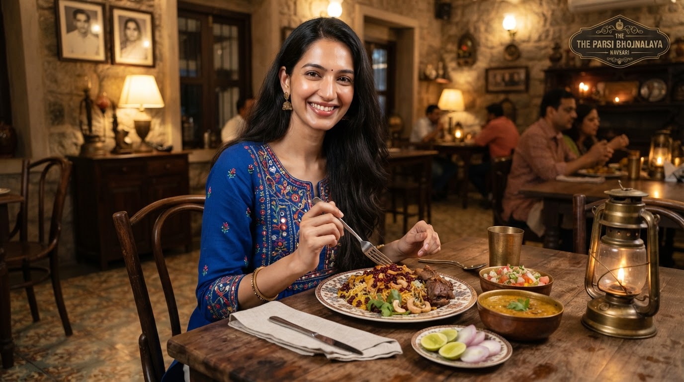 Gujarati woman dining at Parsi restaurant in Navsari